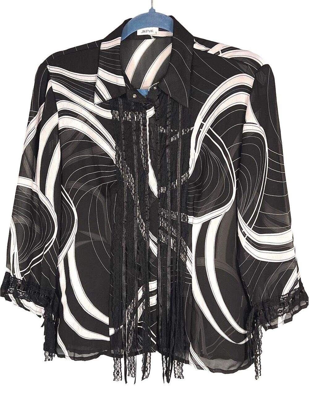 Jaipur Vintage Y2K Sheer Swirl Print Lace Fringe Button Front Blouse Top Size S